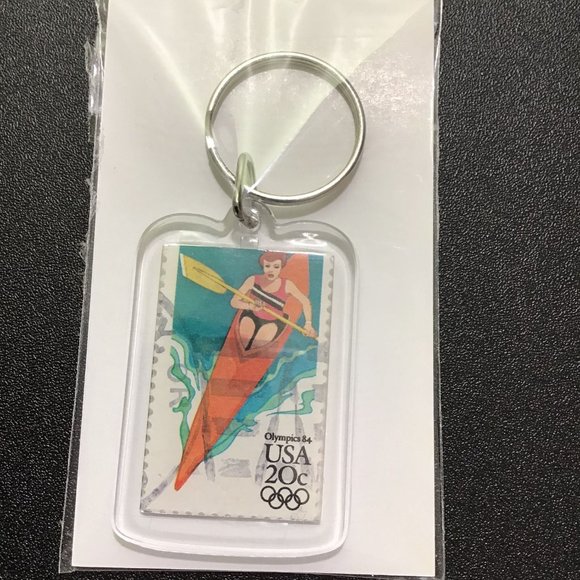 Kayak Keychain - Upcycled Recycled Postage Stamp Key Chain - Picture 4 of 9